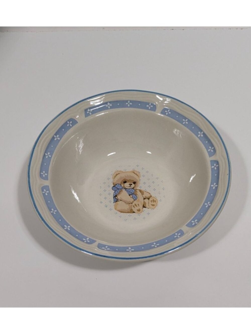Tienshan Stoneware Teddy Bear Childs Bowl 7" Blue Floral Rim Vintage collectable